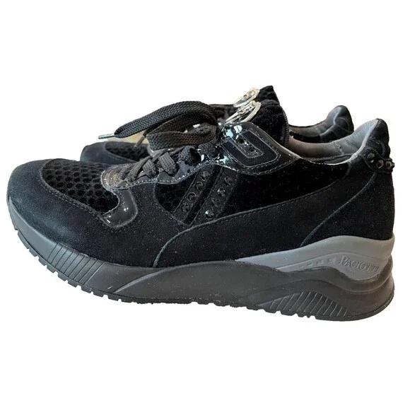 CESARE PACIOTTI BLACK Velvet 6 US LEATHER Suede Rhinestone SNEAKERS 35 1w AD - Picture 3 of 10